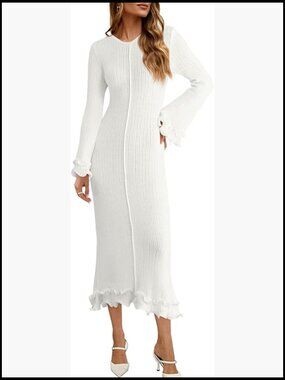 Long Sleeve Ribbed Knit Midi Dress Bell Sleeves Ruffle Hem Bodycon